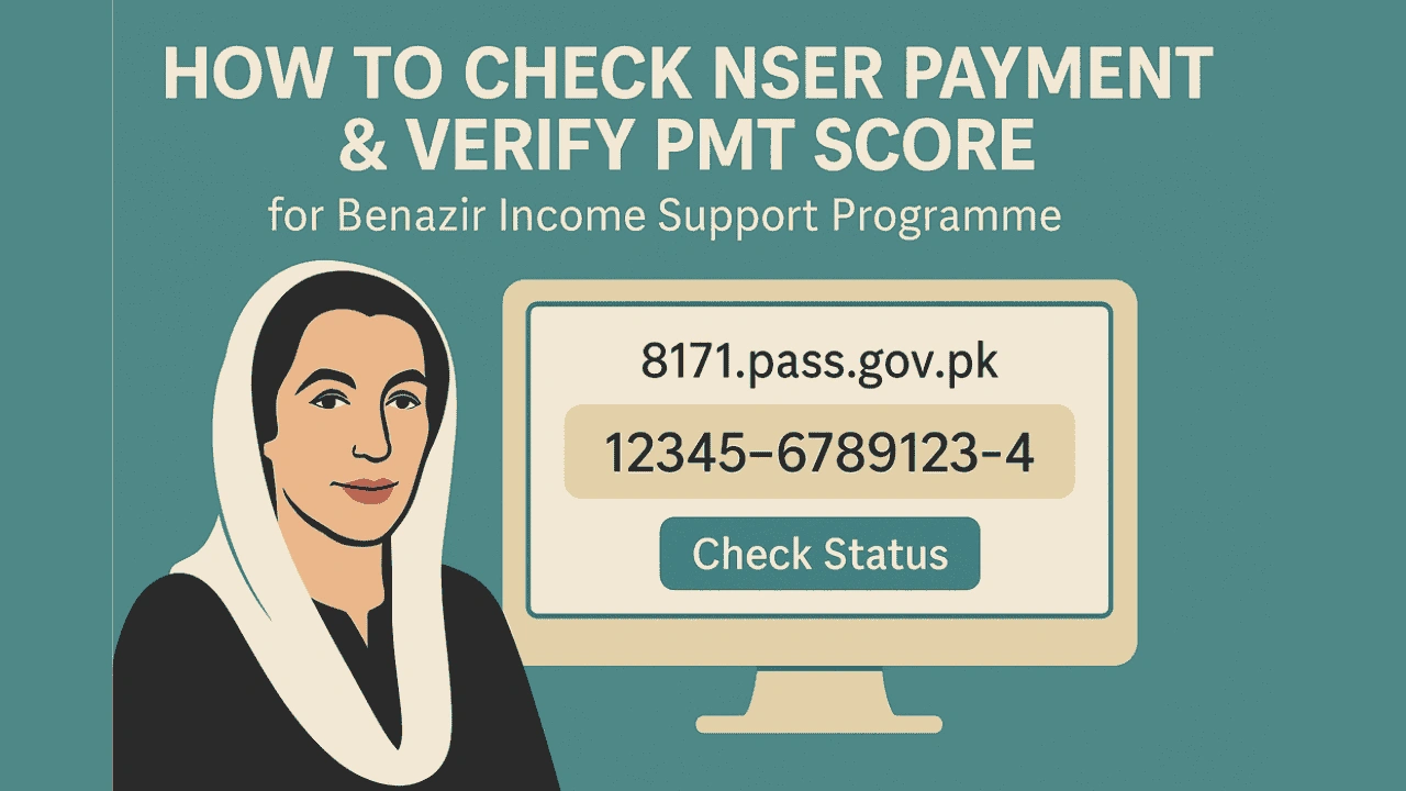 Woman checking NSER payment and PMT score for BISP 2025 on a digital screen